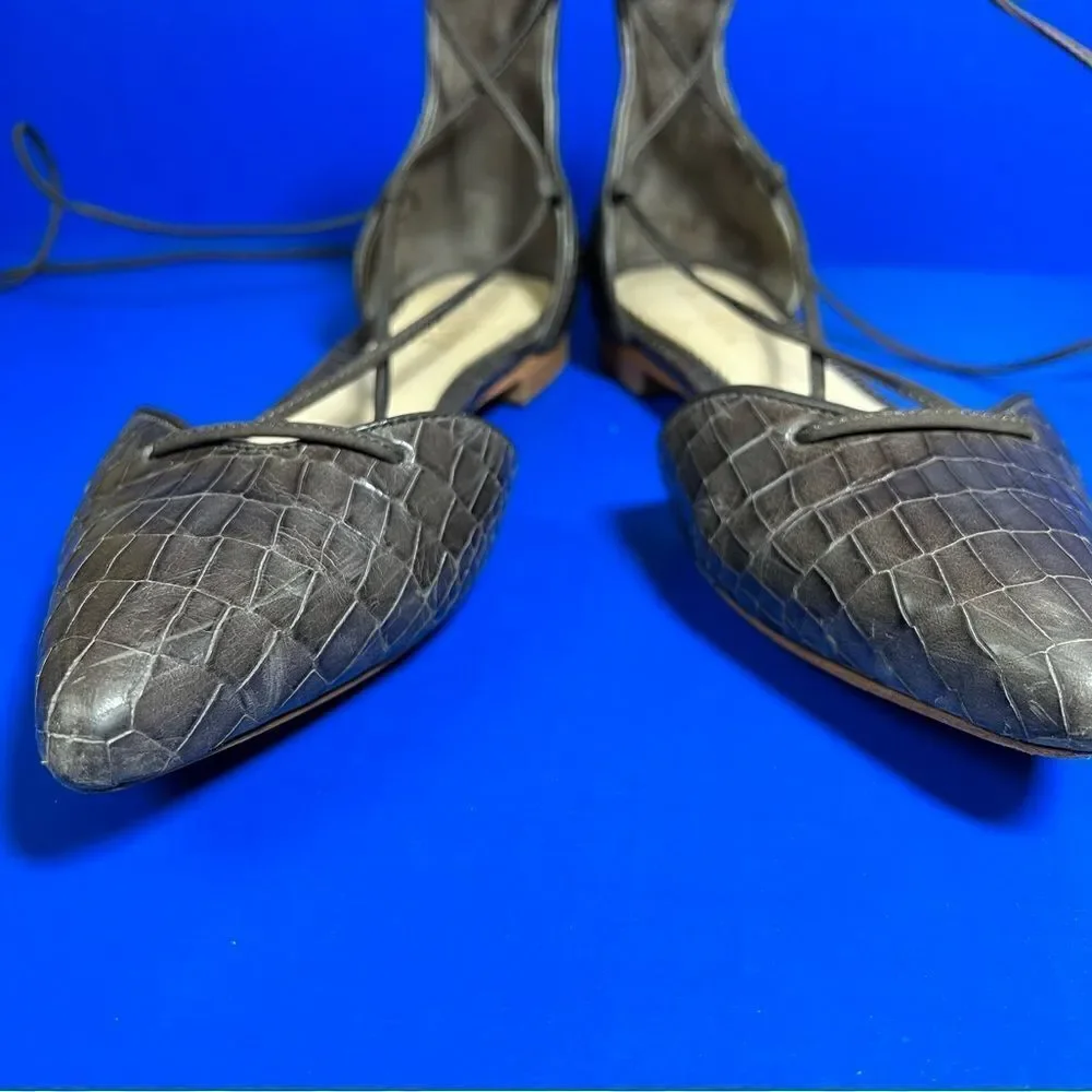 SCHUTZ Womens Neida Grey Crocodile Point Toe D'Orsay Leather Lace Up‎ Flats 6B